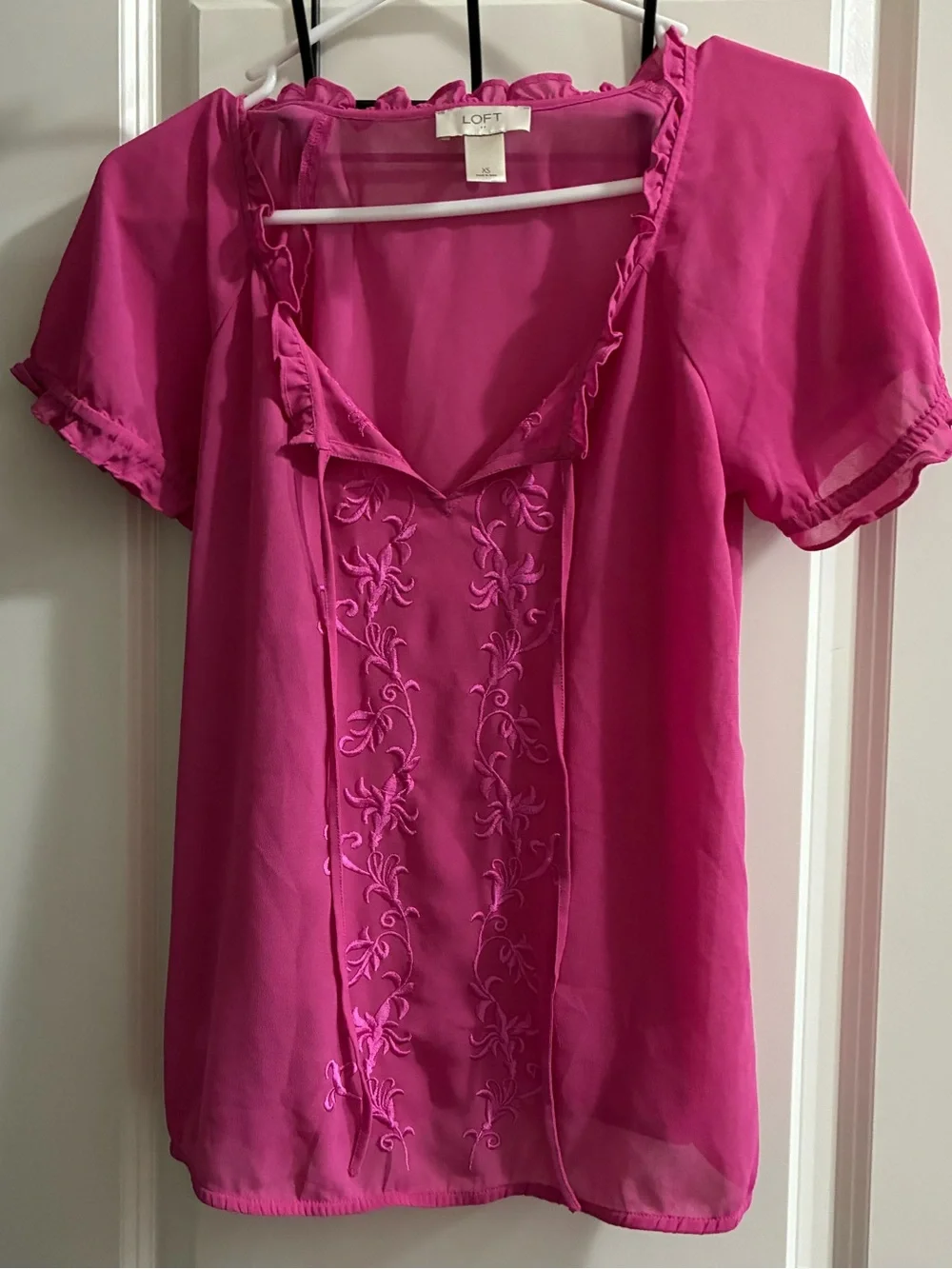 LOFT Fuchsia Ruffled Embroidered Short-Sleeve Blouse
